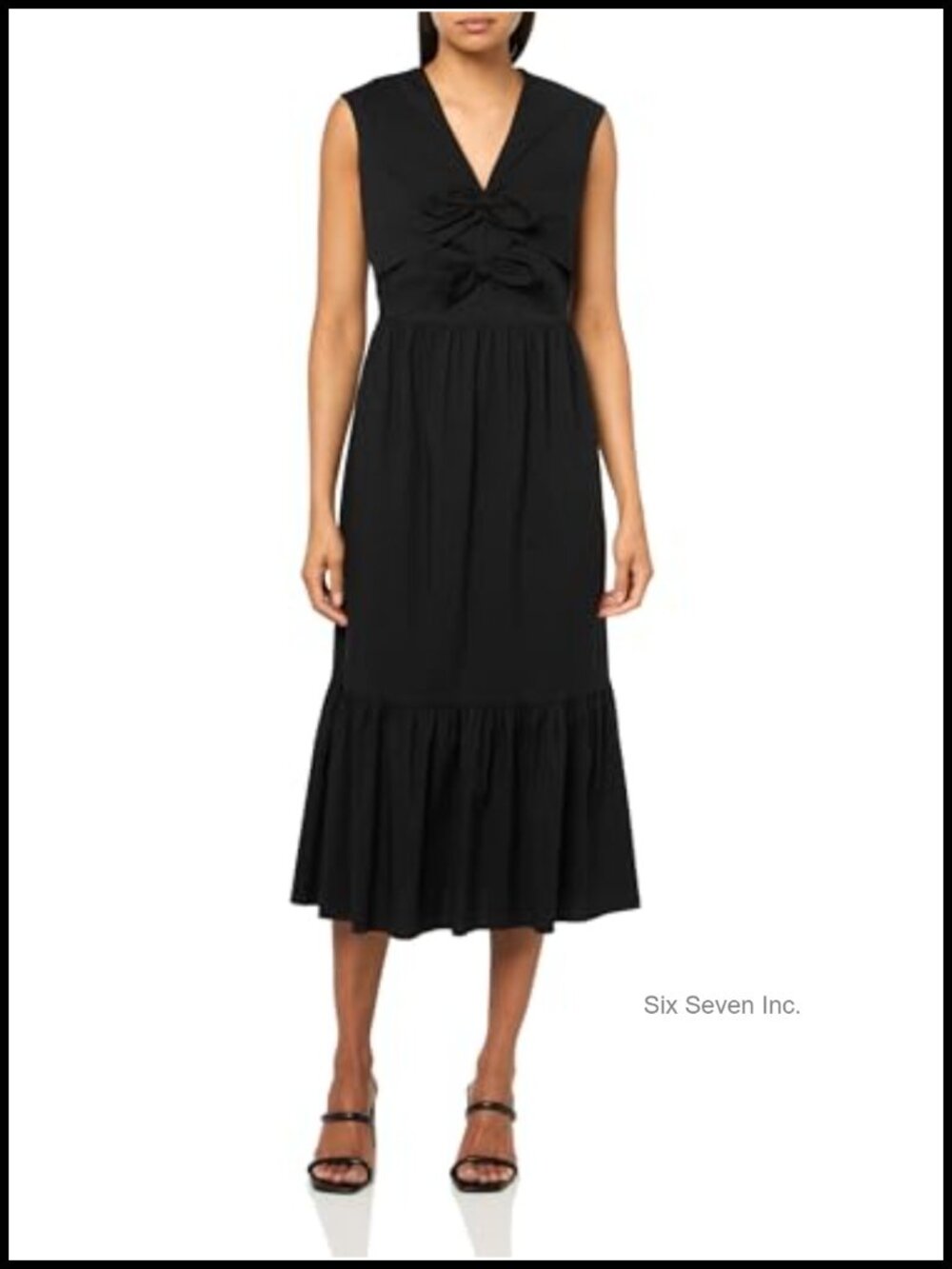 A-line V-Neck Sleeveless Midi Dress with Bow Detail - Cotton Blend